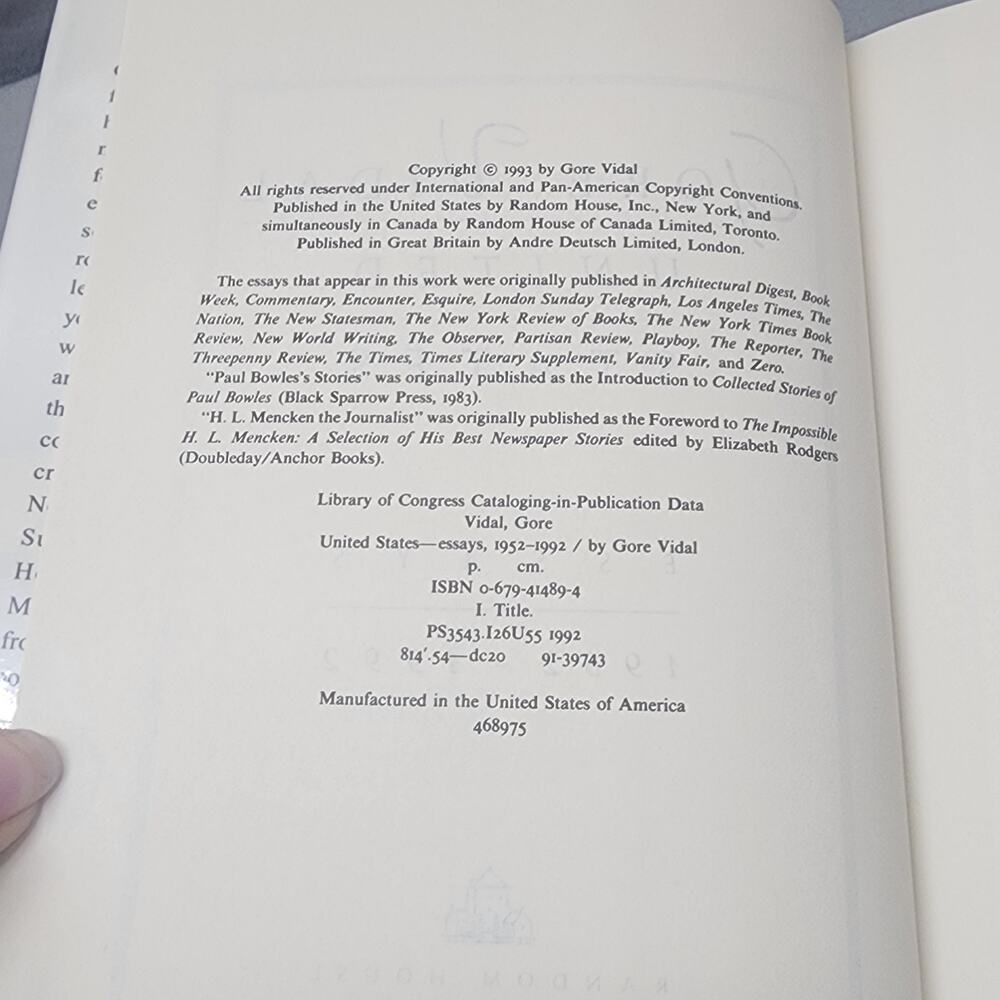 United States: Essays, 1952-1992.‎ Vidal, Gore: Book - Picture 7 of 9